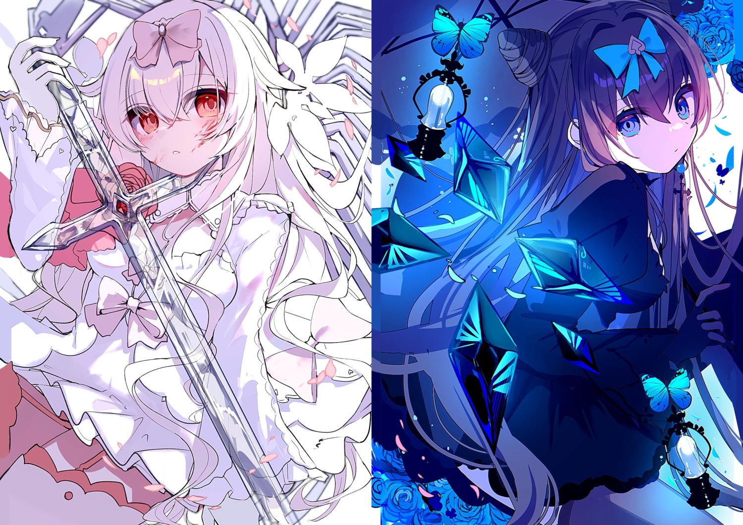 arcaea, blood, clover_39, dress, hikari_(arcaea), stockings, sword, tairitsu_(arcaea), thighhighs, umbrella