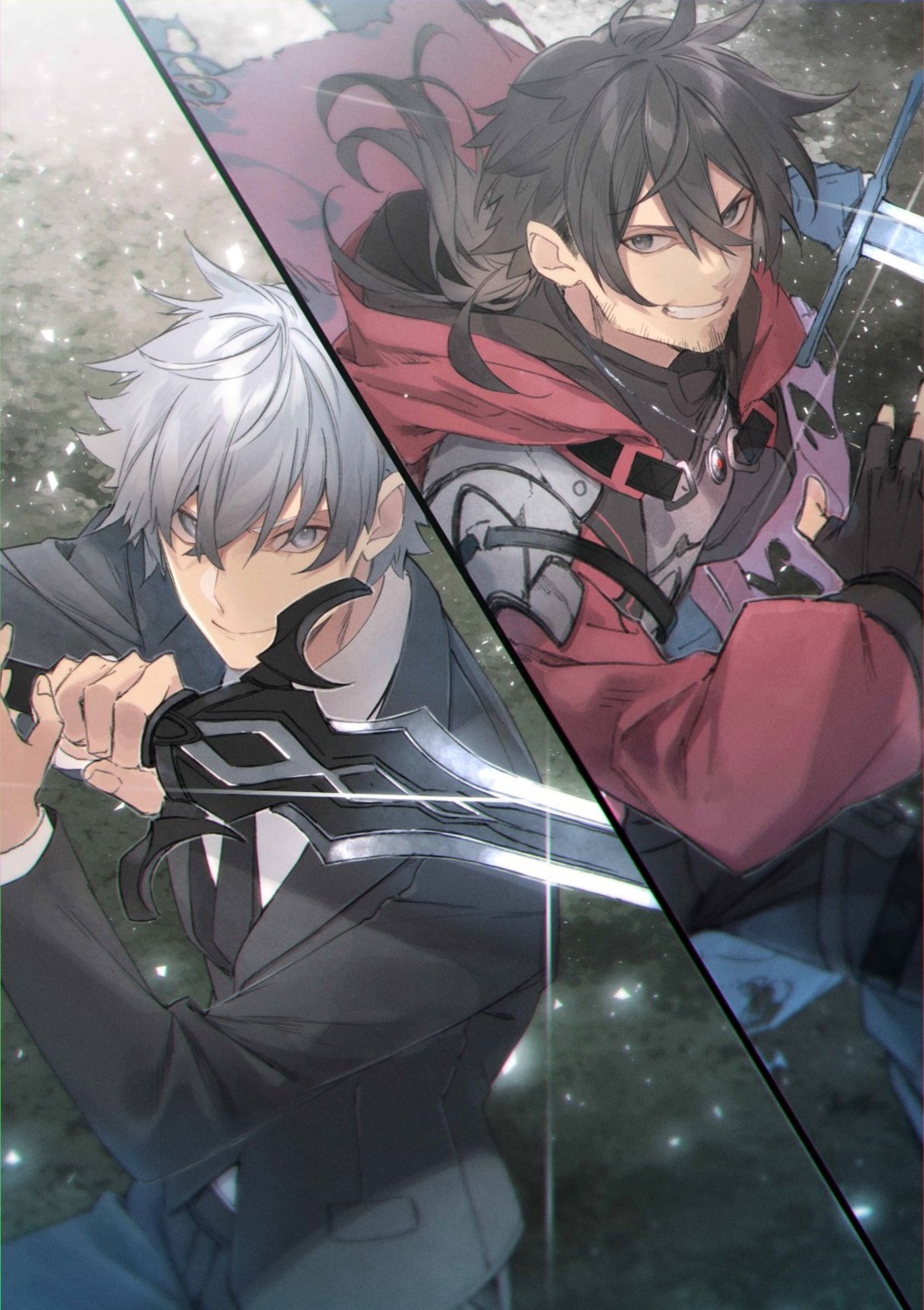 armor, business_suit, igami_kousuke, kudou_shun, kuwashima_rein, male, saitei_rank_no_boukensha_yuusha_shoujo_wo_sodateru, sword