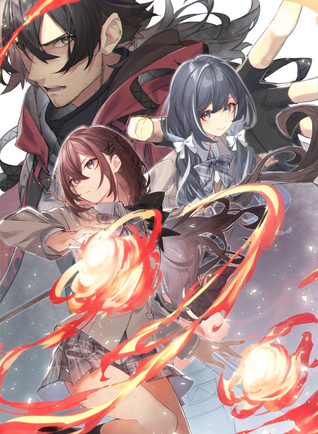 abe_haruka, igami_kousuke, kitahara_yuzu, kuwashima_rein, saitei_rank_no_boukensha_yuusha_shoujo_wo_sodateru, seifuku, sweater, weapon