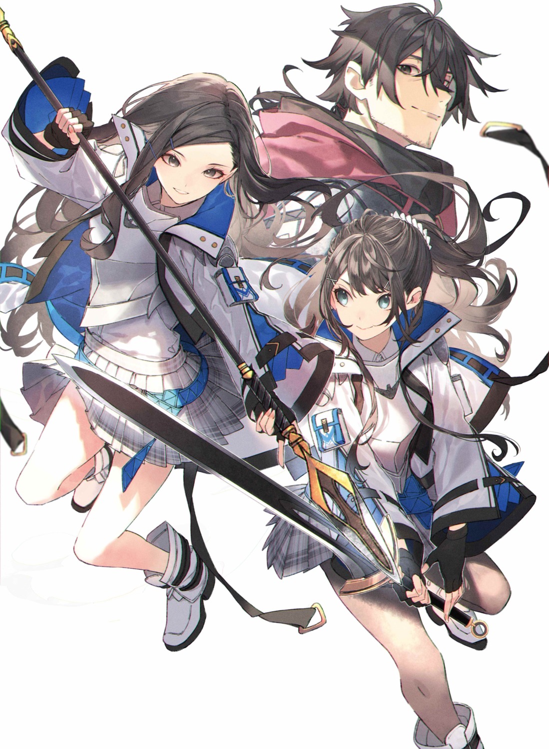 amachi_asuka, armor, igami_kousuke, kuwashima_rein, miyano_mizuki, pantyhose, saitei_rank_no_boukensha_yuusha_shoujo_wo_sodateru, seifuku, skirt_lift, sword, weapon