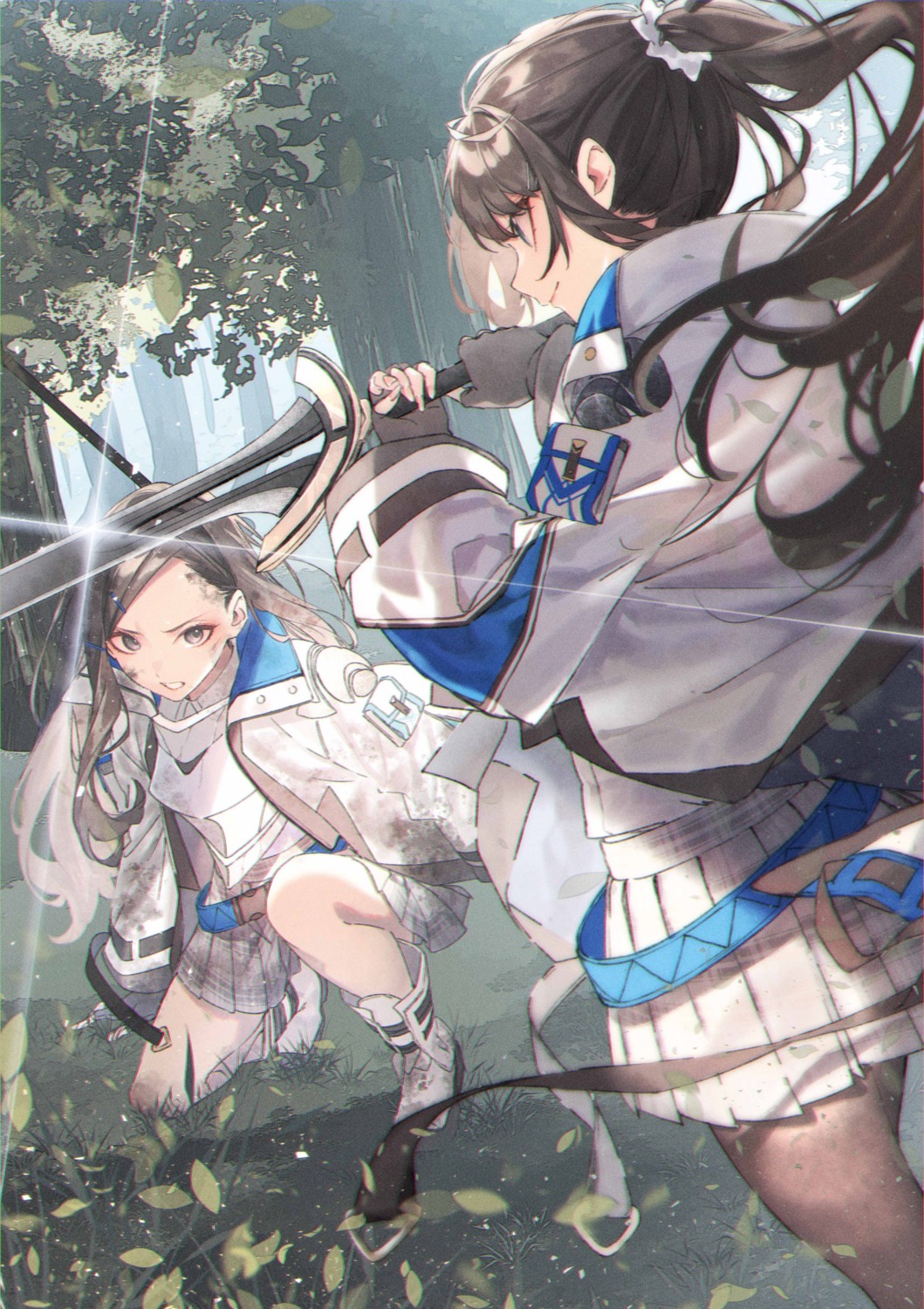 amachi_asuka, armor, kuwashima_rein, miyano_mizuki, pantyhose, saitei_rank_no_boukensha_yuusha_shoujo_wo_sodateru, seifuku, skirt_lift