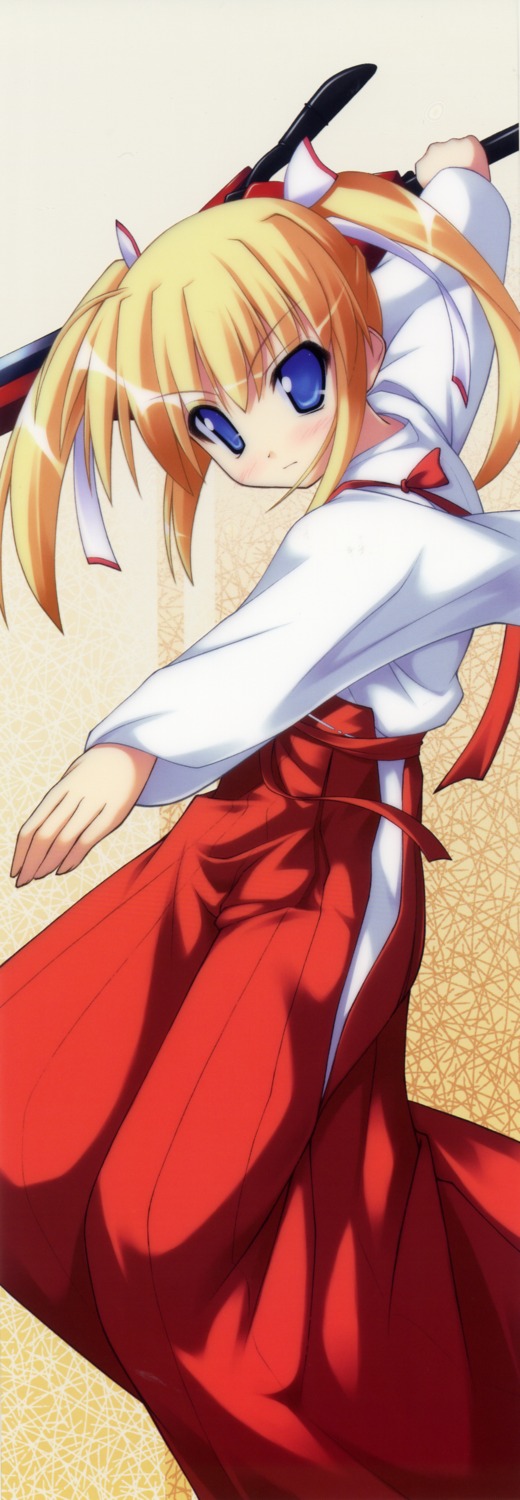 flat, kannagi_kotoko, miko, onsoku_zekuu, stick_poster, sword, utatemeguri