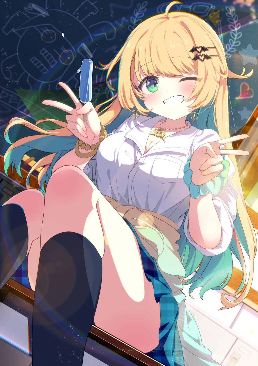 cleavage, indie_virtual_youtuber, majima, midorima_caroline, seifuku, skirt_lift, sweater