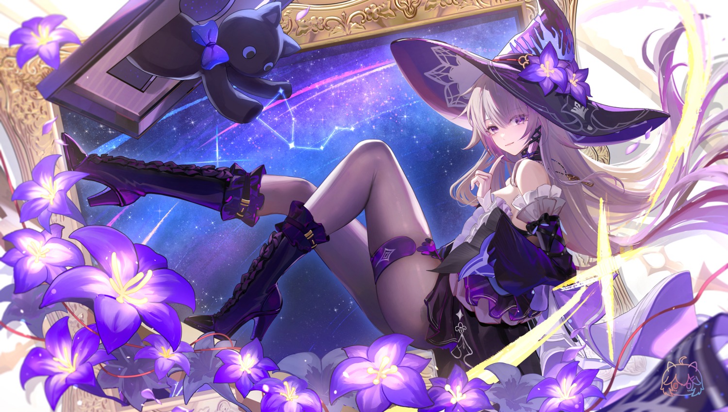 garter, heels, herta, honkai:_star_rail, liu_liaoliao, no_bra, pantyhose, skirt_lift, witch