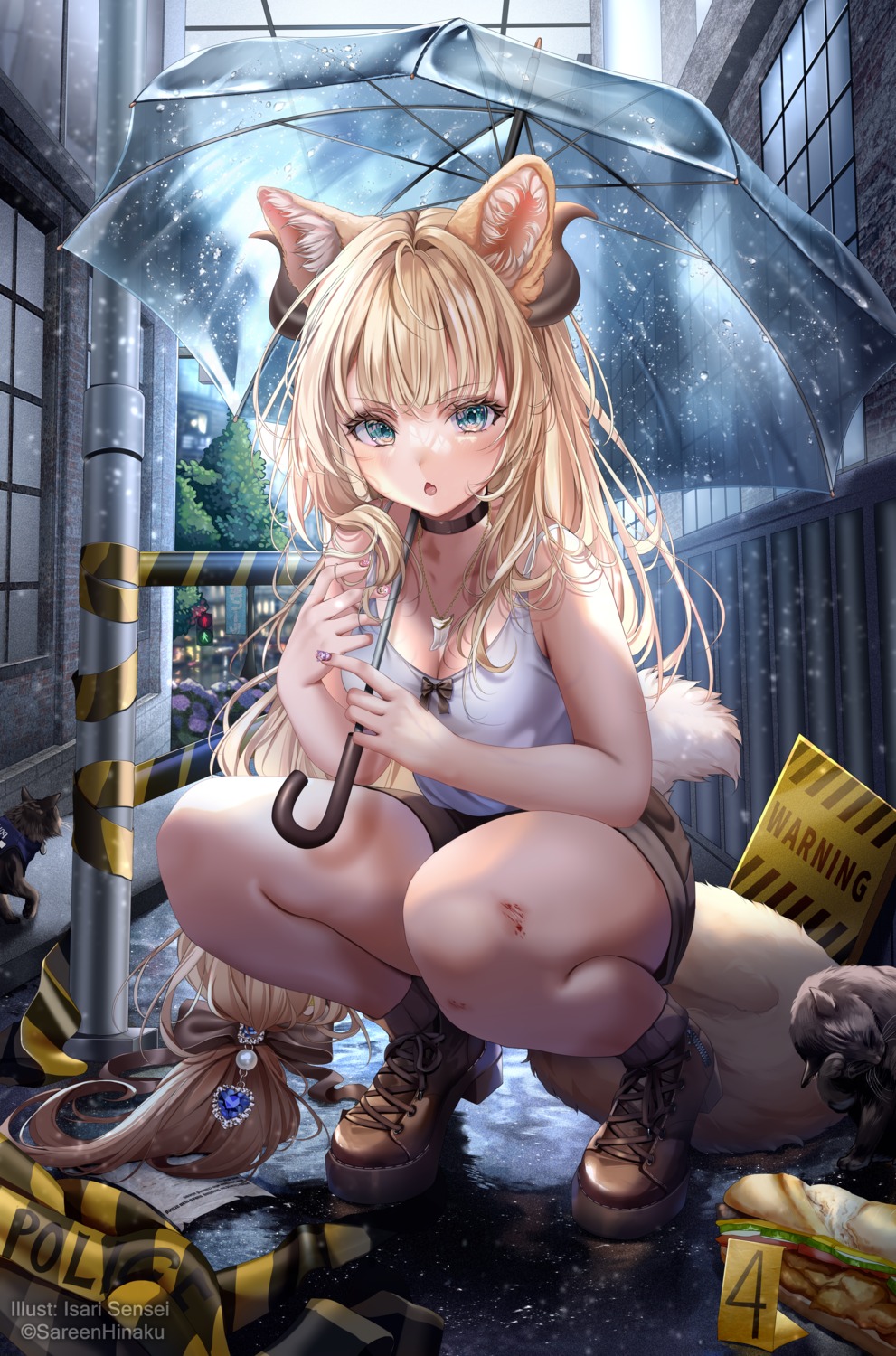 animal_ears, blood, horns, isari_sensei, neko, nekomimi, tail, umbrella, wet