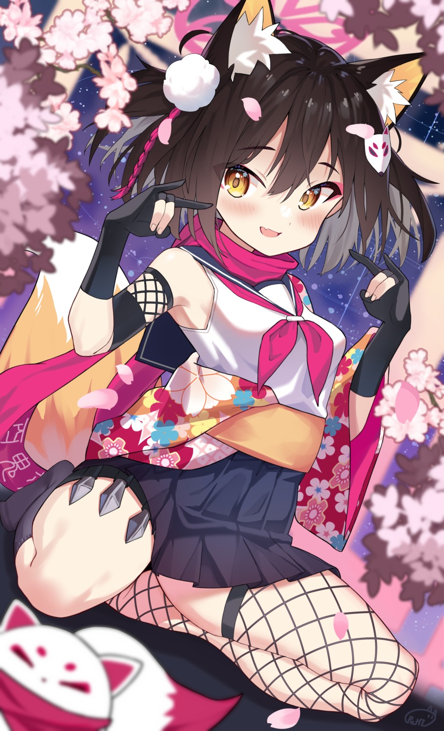 animal_ears, blue_archive, fishnets, halo, japanese_clothes, kitsune, kuda_izuna, pu_ht