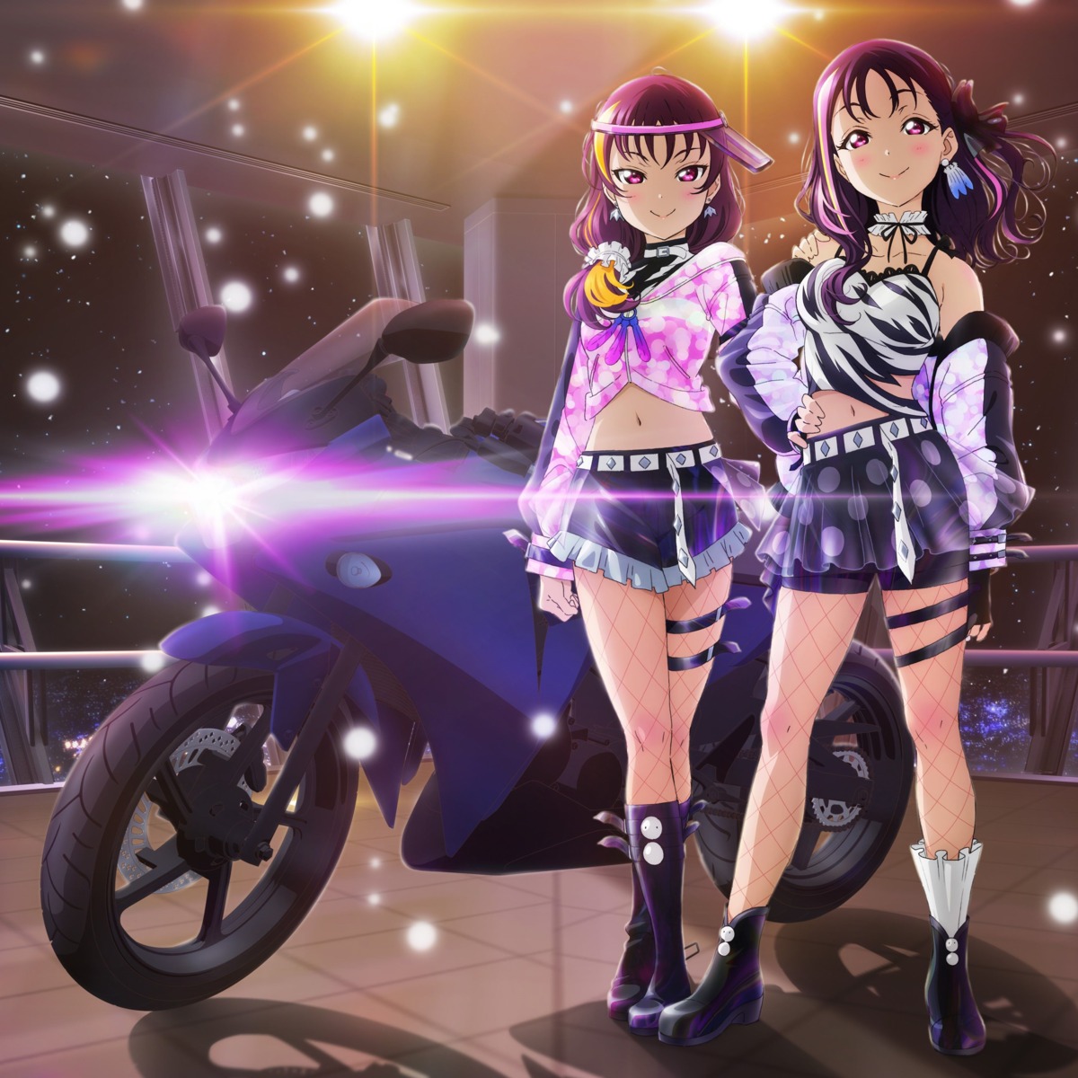 bike_shorts, fishnets, garter, heels, kazuno_ria, kazuno_sarah, love_live!_(series), love_live!_sunshine!!