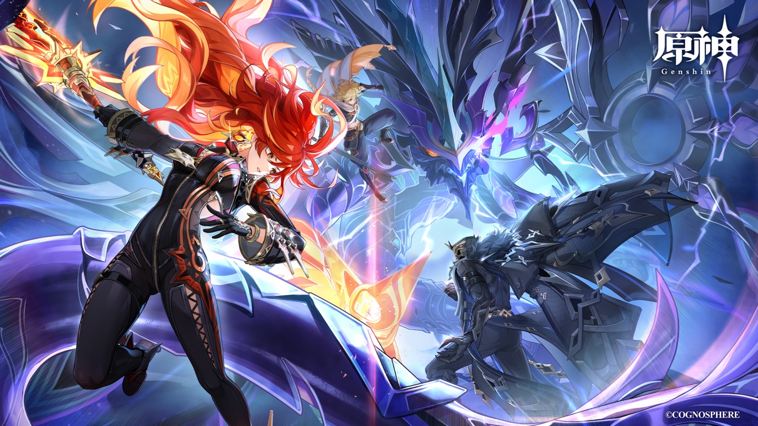 aether, armor, bodysuit, capitano, garter, genshin_impact, mavuika, open_shirt, sword, tagme, wallpaper