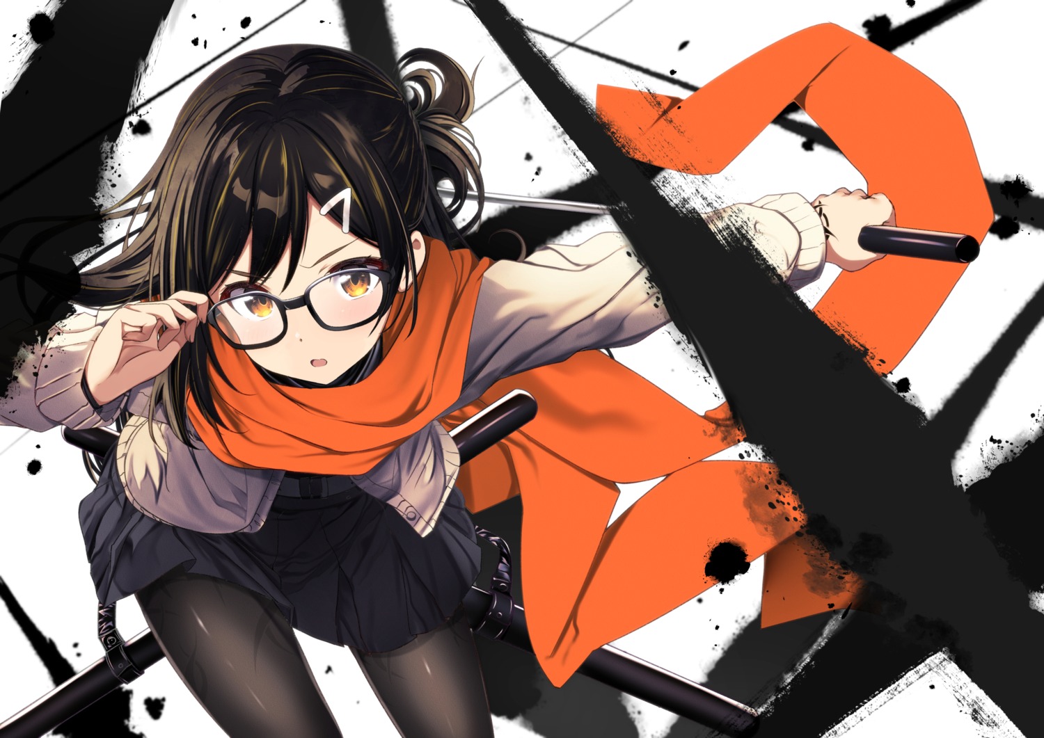 mad_(hazukiken), megane, pantyhose, seifuku, skirt_lift, sweater, sword