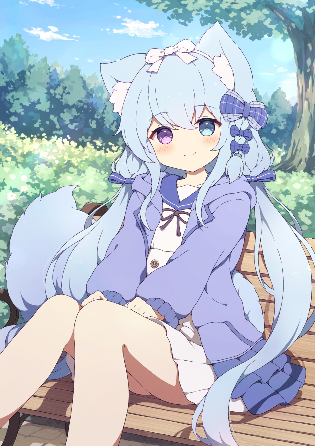 animal_ears, heterochromia, seifuku, skirt_lift, sweater, tail, tyakomes