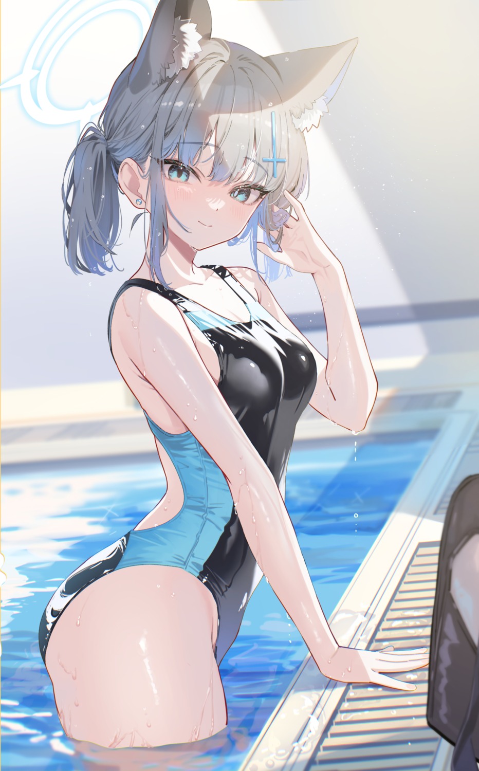 animal_ears, blue_archive, halo, nekomimi, shuri_(84k), sunaookami_shiroko, swimsuits, wet