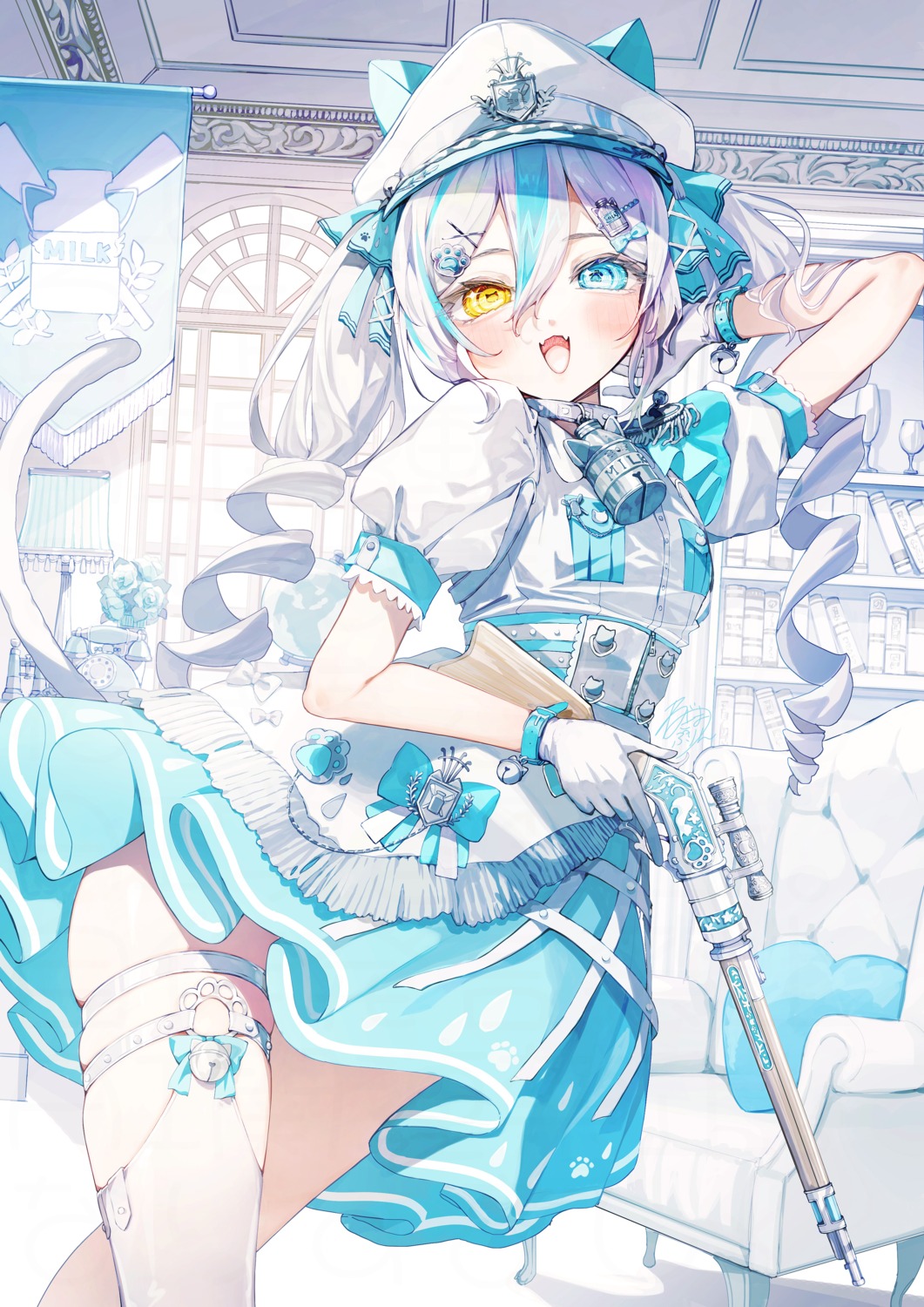 animal_ears, garter, gun, heterochromia, negimapurinn, nekomimi, skirt_lift, stockings