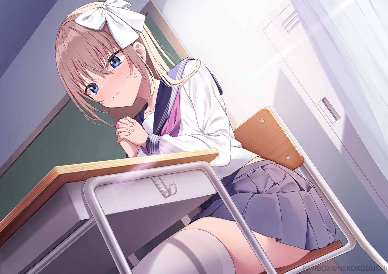 nekokobushi, seifuku, skirt_lift, thighhighs