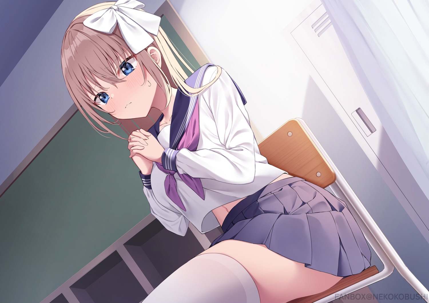 nekokobushi, seifuku, skirt_lift, thighhighs