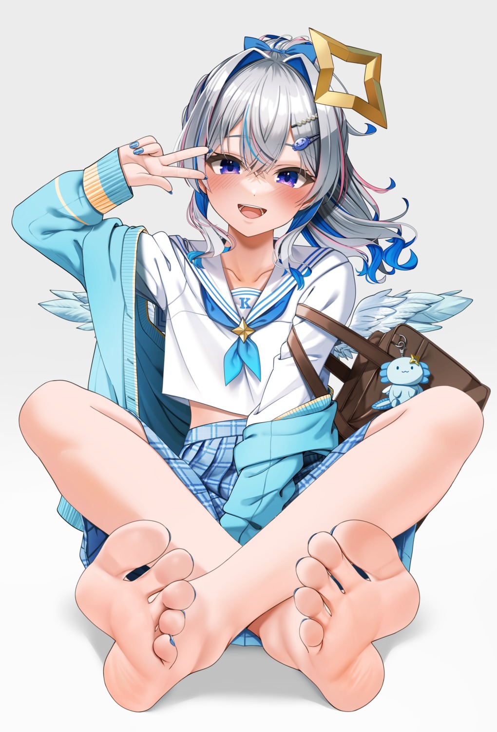 amane_kanata, angel, casino_(casinoep), feet, hololive, seifuku, skirt_lift, sweater, wings