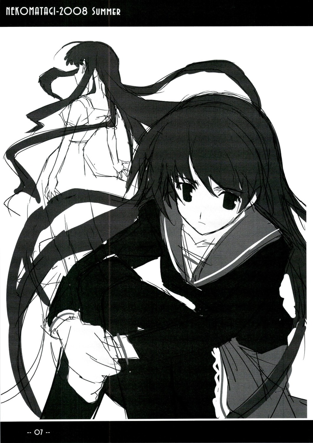 monochrome, myself_yourself, nekoyashiki, sasaki_mutsumi, scanning_artifacts, screening, seifuku, sketch