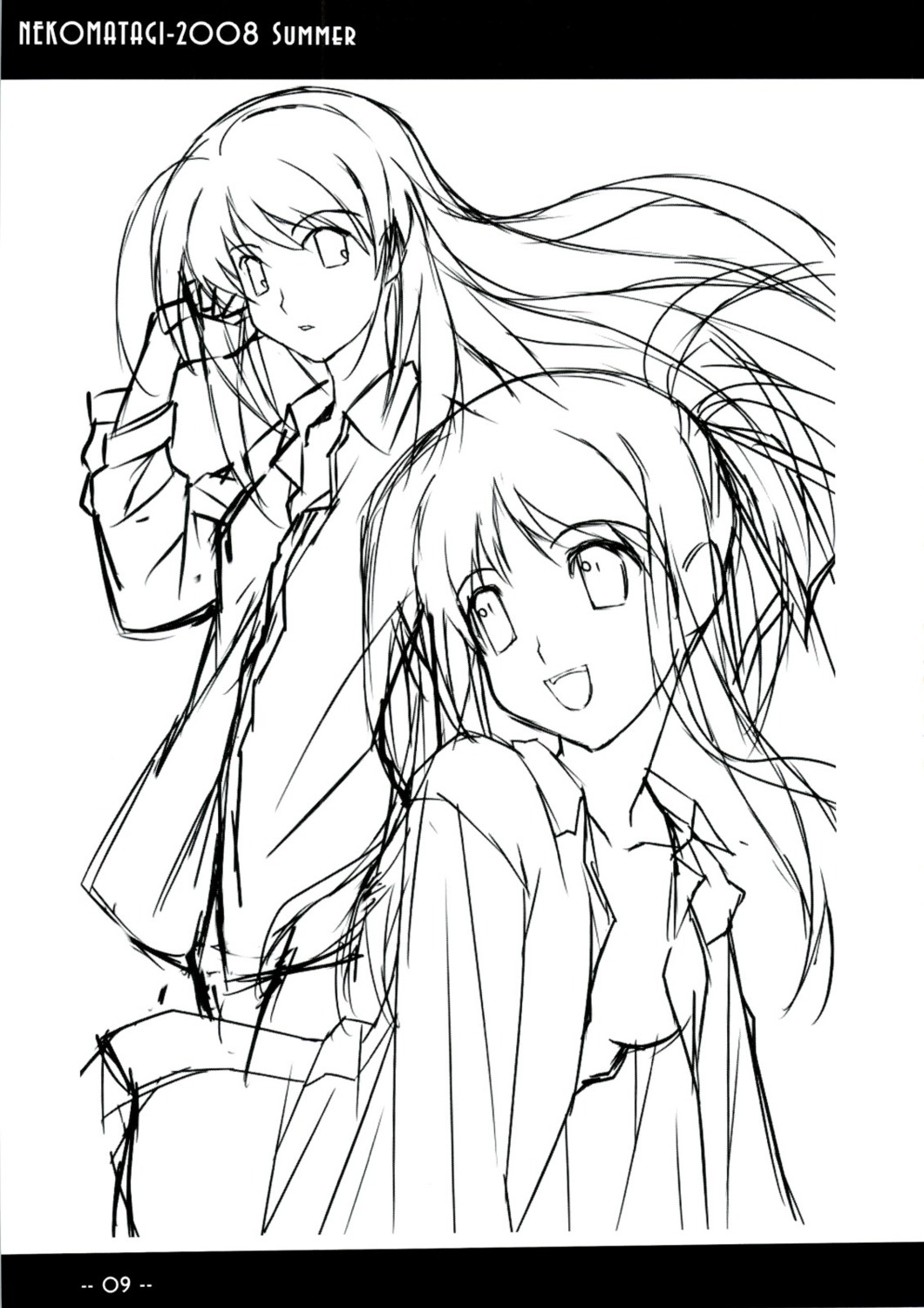 hoshino_asami, monochrome, myself_yourself, nekoyashiki, sasaki_mutsumi, seifuku, sketch, yatsushiro_nanaka