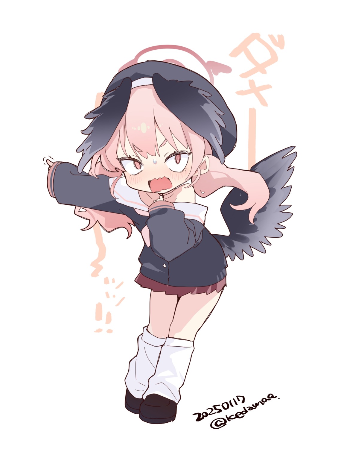 blue_archive, chibi, halo, no_bra, seifuku, shimoe_koharu, tamano_kedama, wings