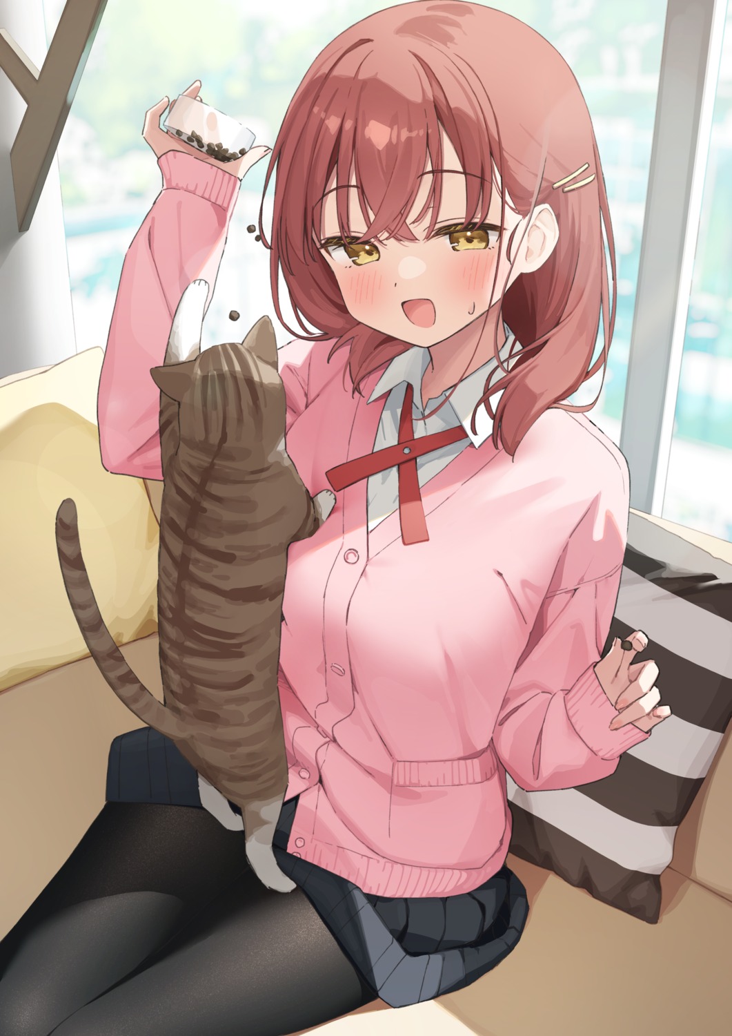 akari_(muninshiki), muninshiki, neko, pantyhose, seifuku, skirt_lift, sweater