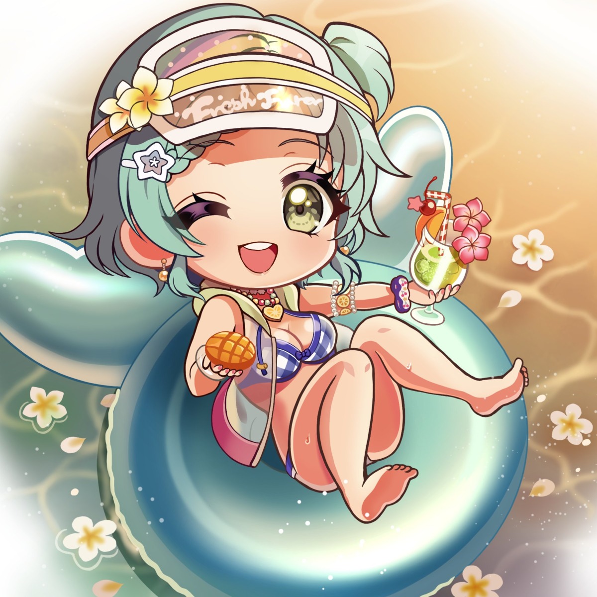 bikini, chibi, d4dj, hanamaki_towa, open_shirt, see_through, swimsuits, tagme