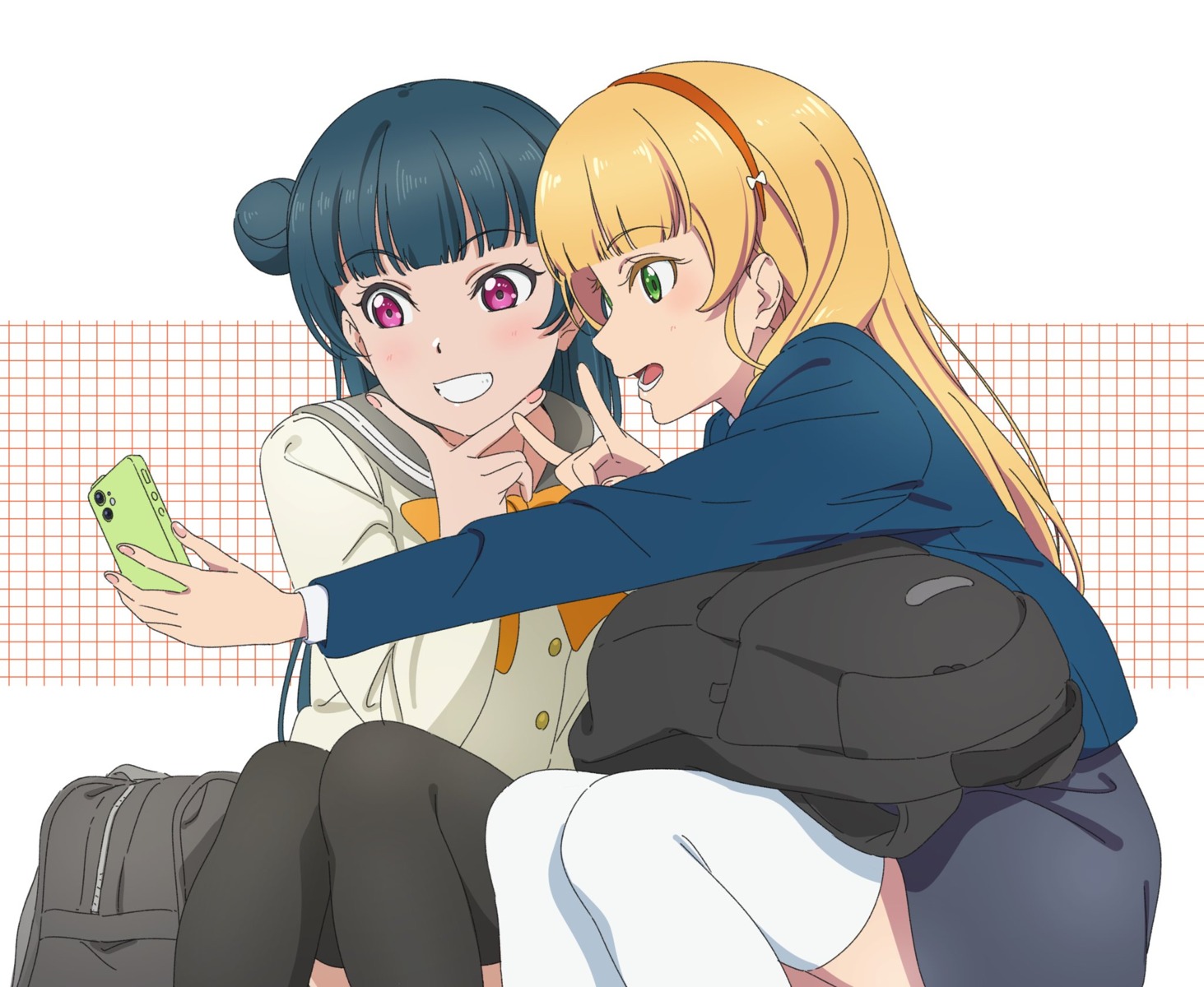 crossover, heanna_sumire, love_live!_(series), love_live!_sunshine!!, love_live!_superstar!!, sano_keiichi, seifuku, selfie, thighhighs, tsushima_yoshiko