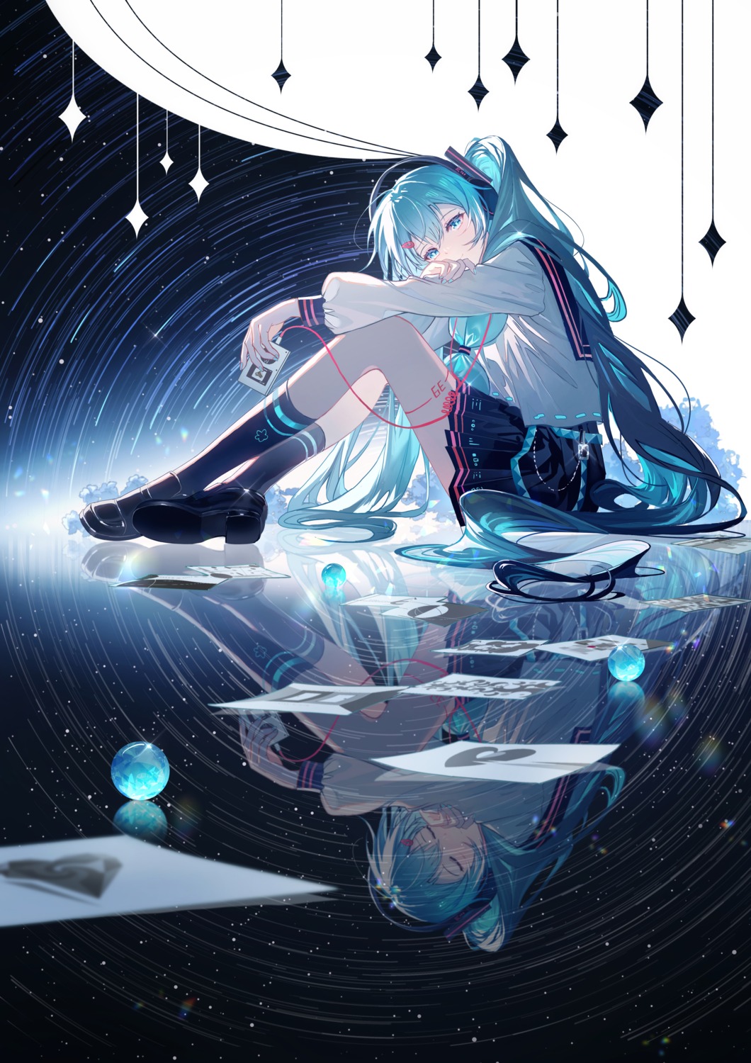 hatsune_miku, headphones, ji_ye_fan_sheng, seifuku, skirt_lift, tattoo, vocaloid