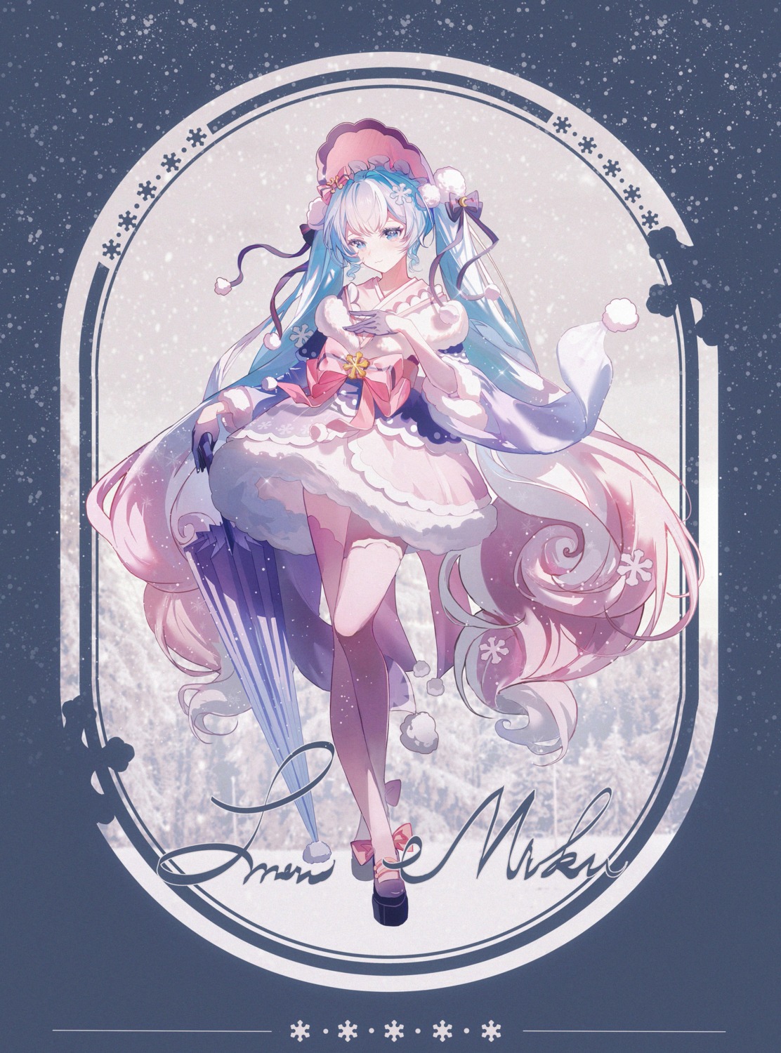 hatsune_miku, japanese_clothes, ji_ye_fan_sheng, thighhighs, umbrella, vocaloid, yuki_miku