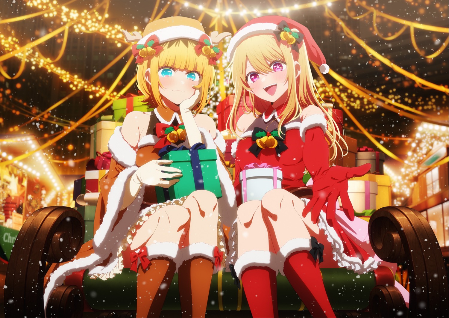 [oshi_no_ko], christmas, dress, hayakawa_asami, horns, hoshino_ruby, mem-cho, no_bra, skirt_lift