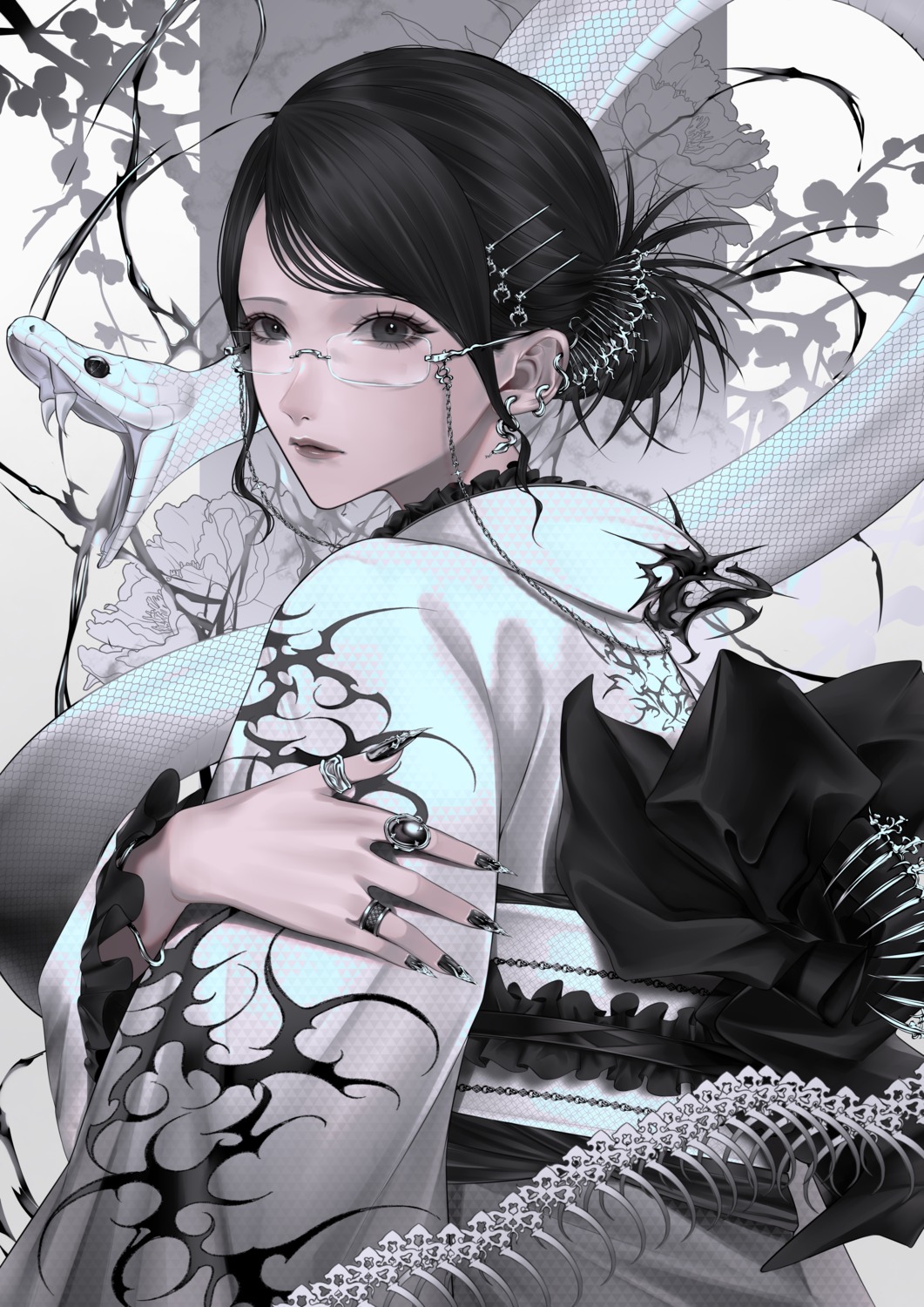 kimono, mano_mouth, megane