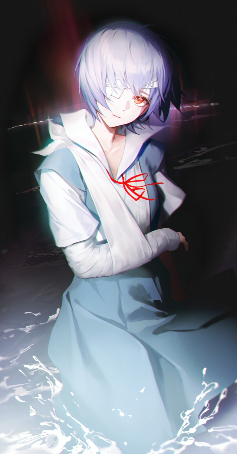 alohayuja, ayanami_rei, bandages, eyepatch, neon_genesis_evangelion, seifuku, wet