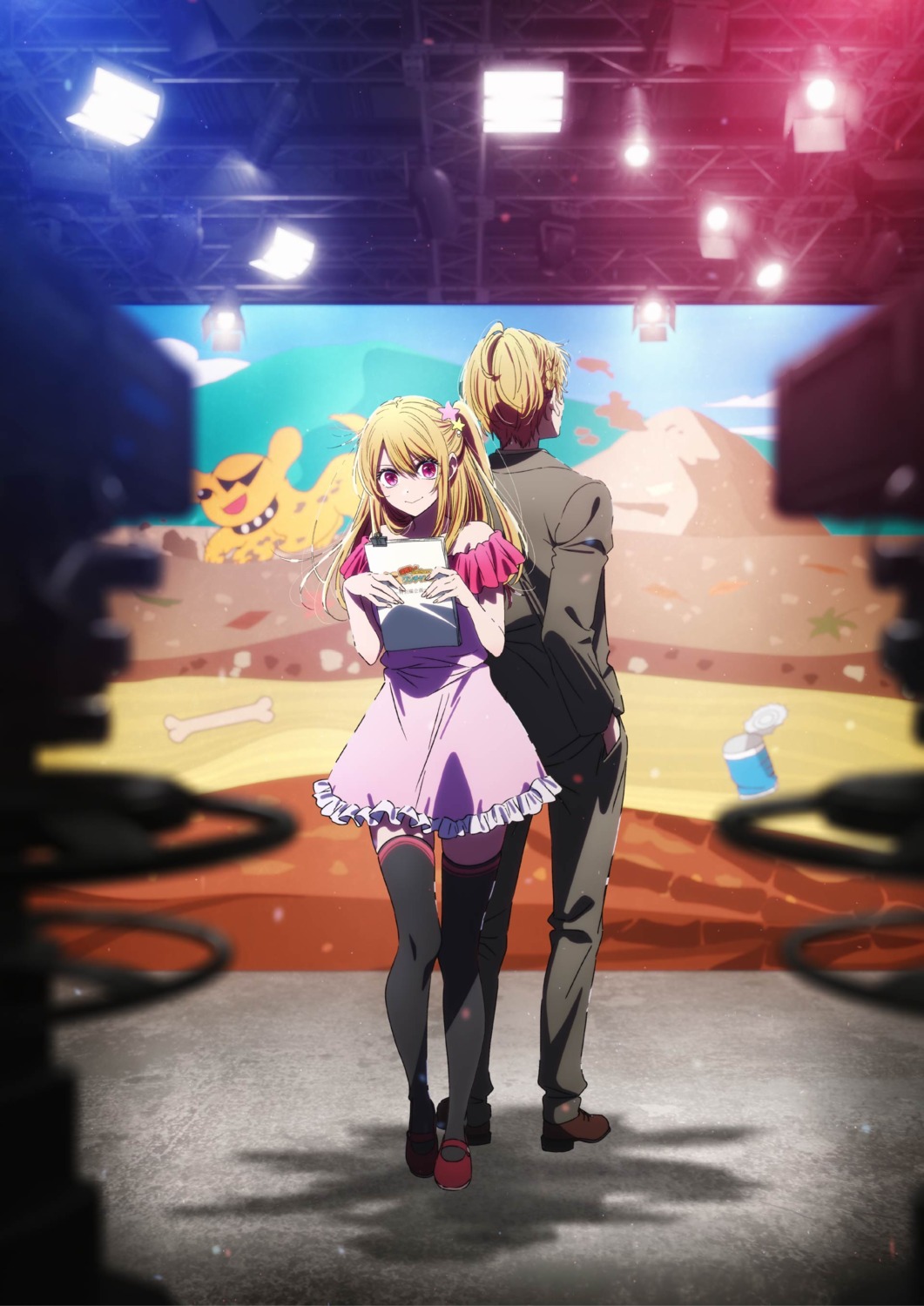 [oshi_no_ko], business_suit, dress, hirayama_kanna, hoshino_aquamarine, hoshino_ruby, no_bra, thighhighs