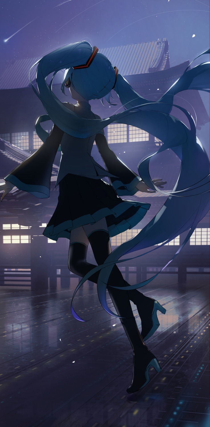 hatsune_miku, headphones, heels, kamatoyu_ill, skirt_lift, thighhighs, vocaloid