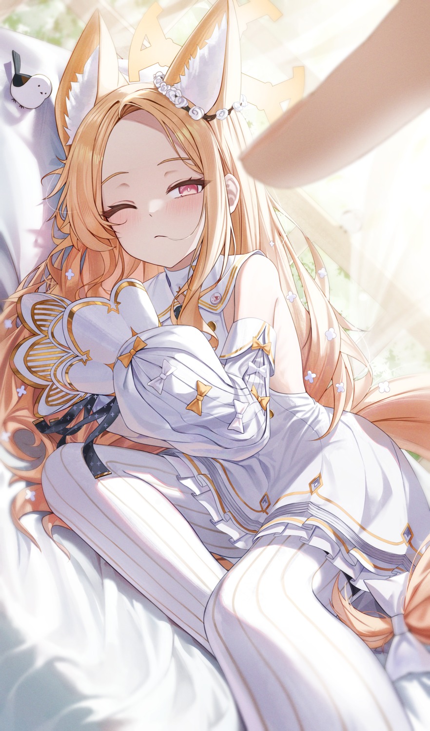 animal_ears, arch_a, blue_archive, dress, halo, kitsune, no_bra, pantyhose, skirt_lift, tail, yurizono_seia
