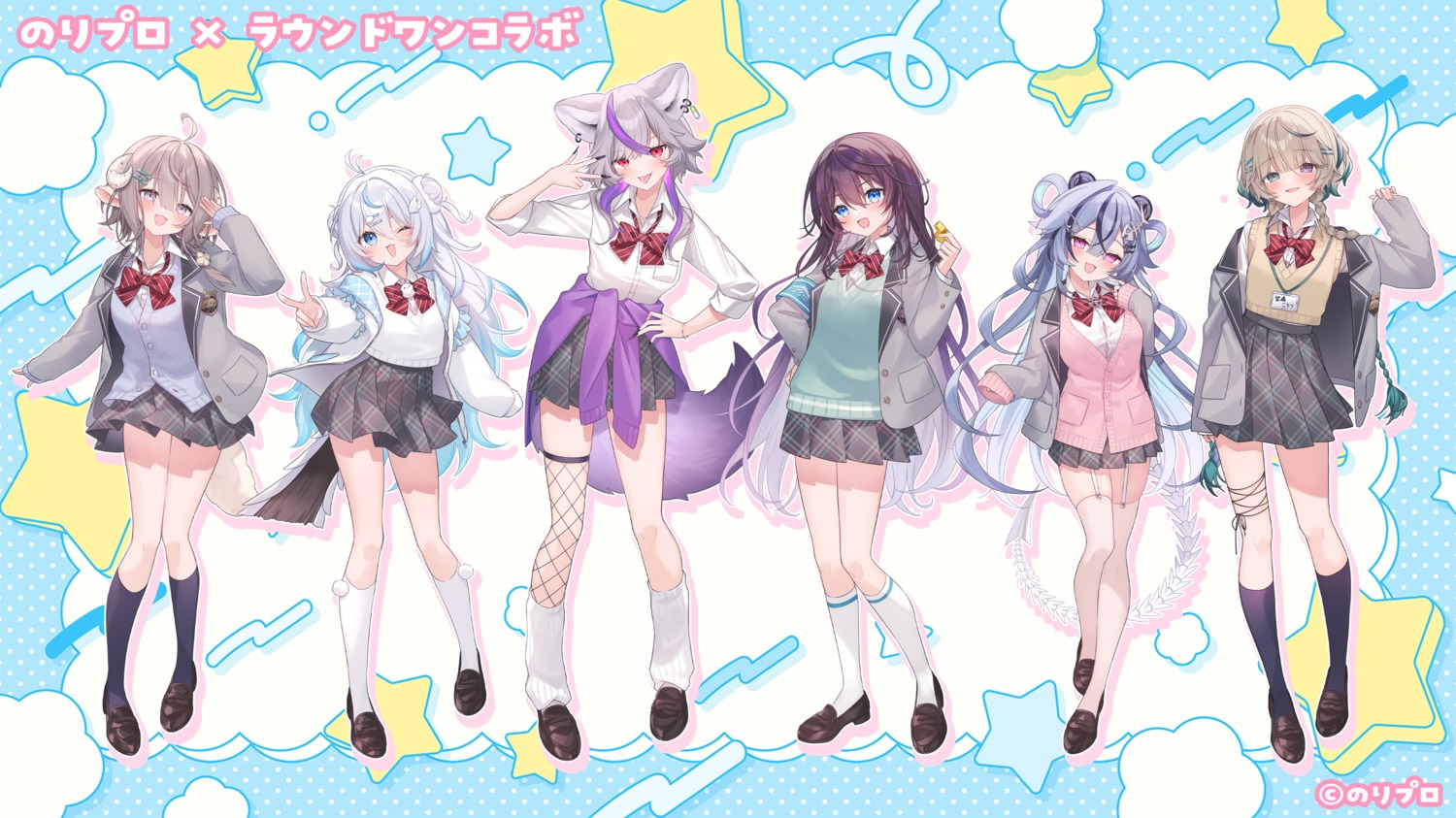 animal_ears, fishnets, garter, heterochromia, horns, huejima_kotori, mikami_renge, noripro, saiki_komari_(noripro), seifuku, stockings, sukitou_luccica, sweater, tagme, tail, thighhighs, washu_asuka, yukinose_kumochi