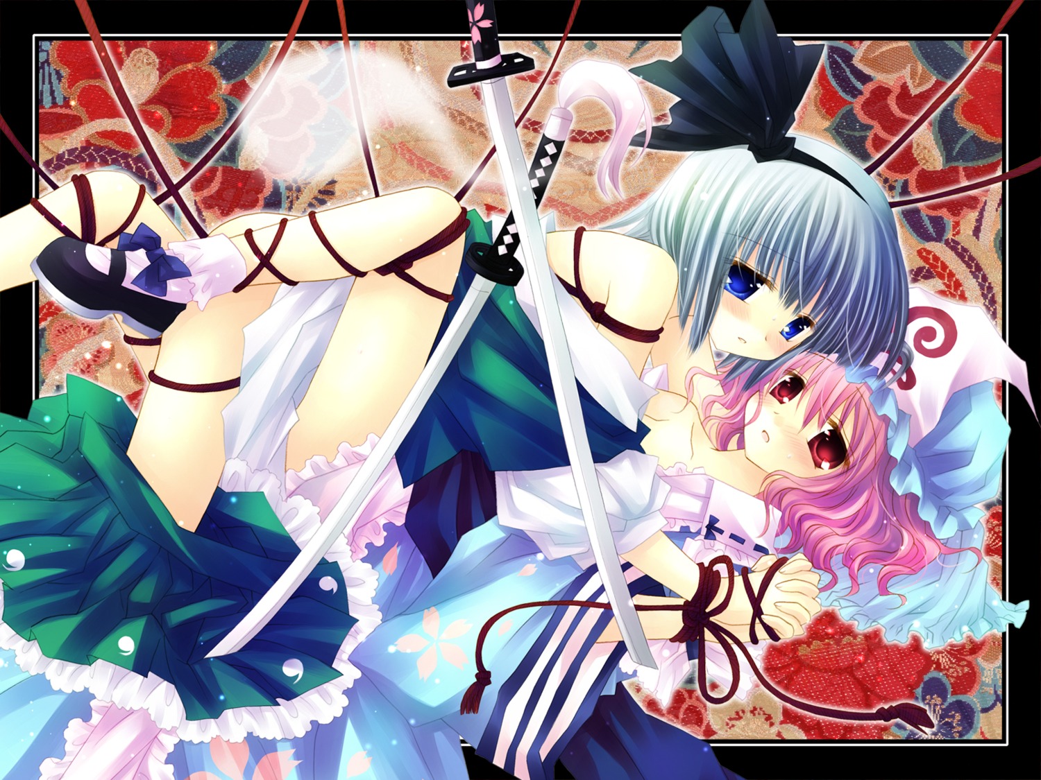 chronolog, i.s.w, konpaku_youmu, saigyouji_yuyuko, sakurazawa_izumi, symmetrical_docking, touhou, wallpaper