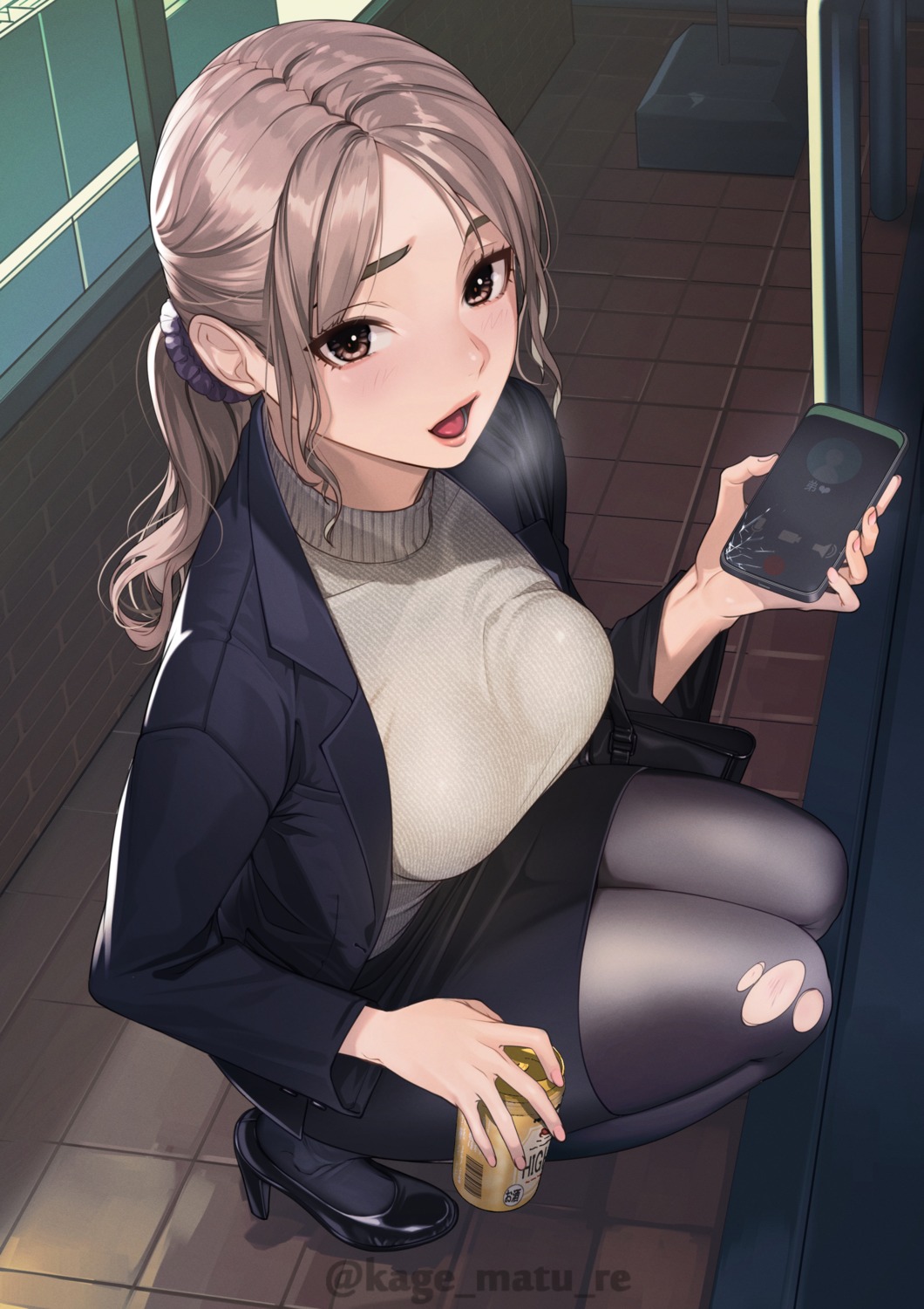 business_suit, heels, kagematsuri, pantyhose, sweater, torn_clothes