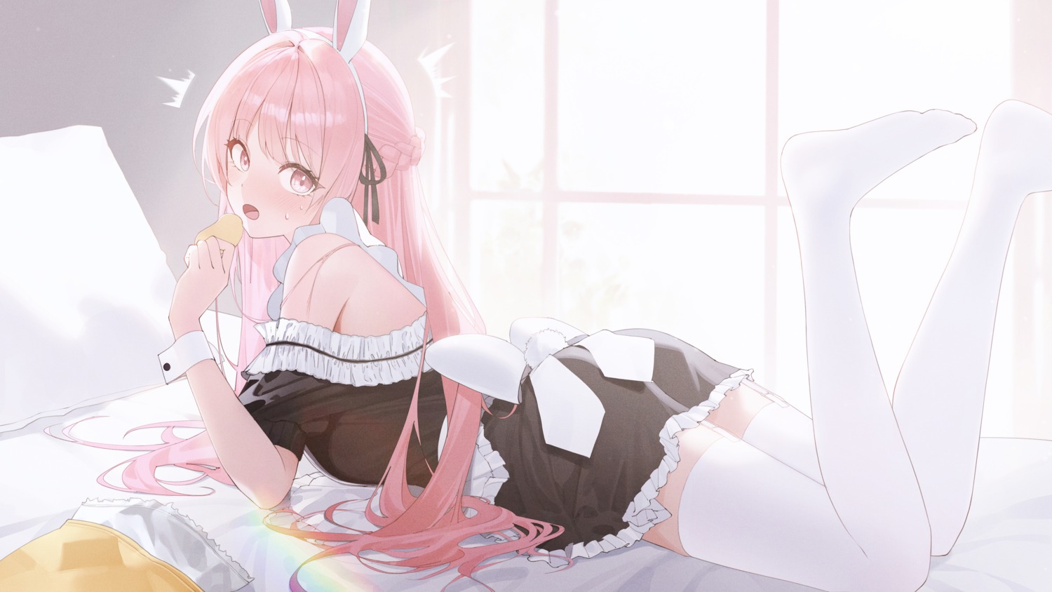 animal_ears, ass, bunny_ears, maid, pasta_(sanyan), stockings, tail, thighhighs, wallpaper