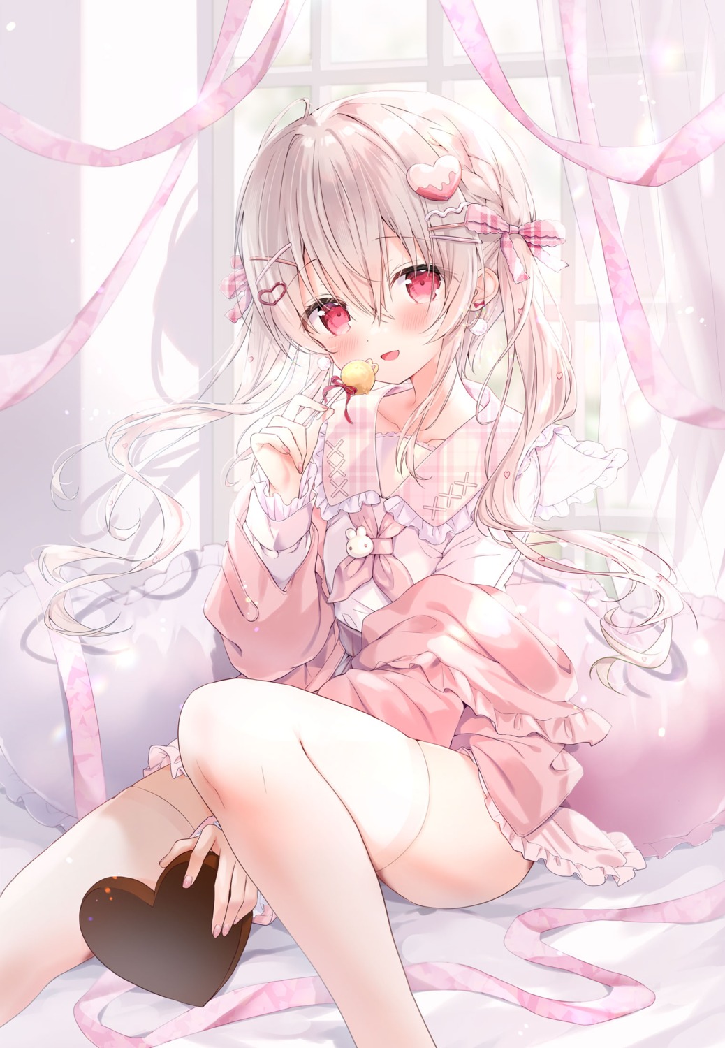 amedama_con, seifuku, shirousa_mei, skirt_lift, thighhighs, valentine