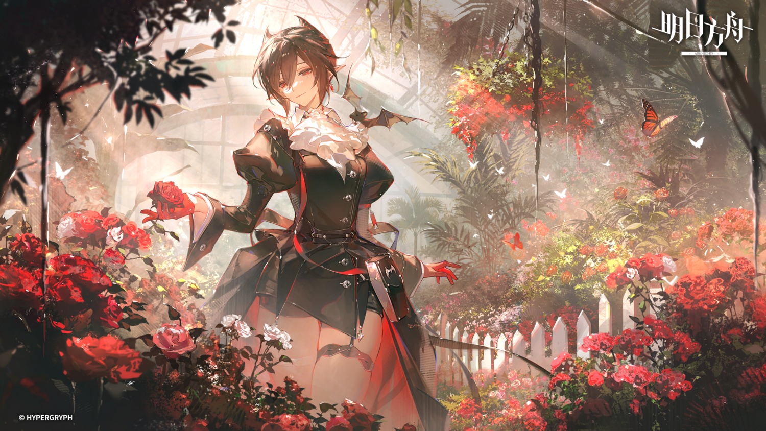 arknights, dress, entelechia, garter, pointy_ears, renjian_shilian, thighhighs, wallpaper