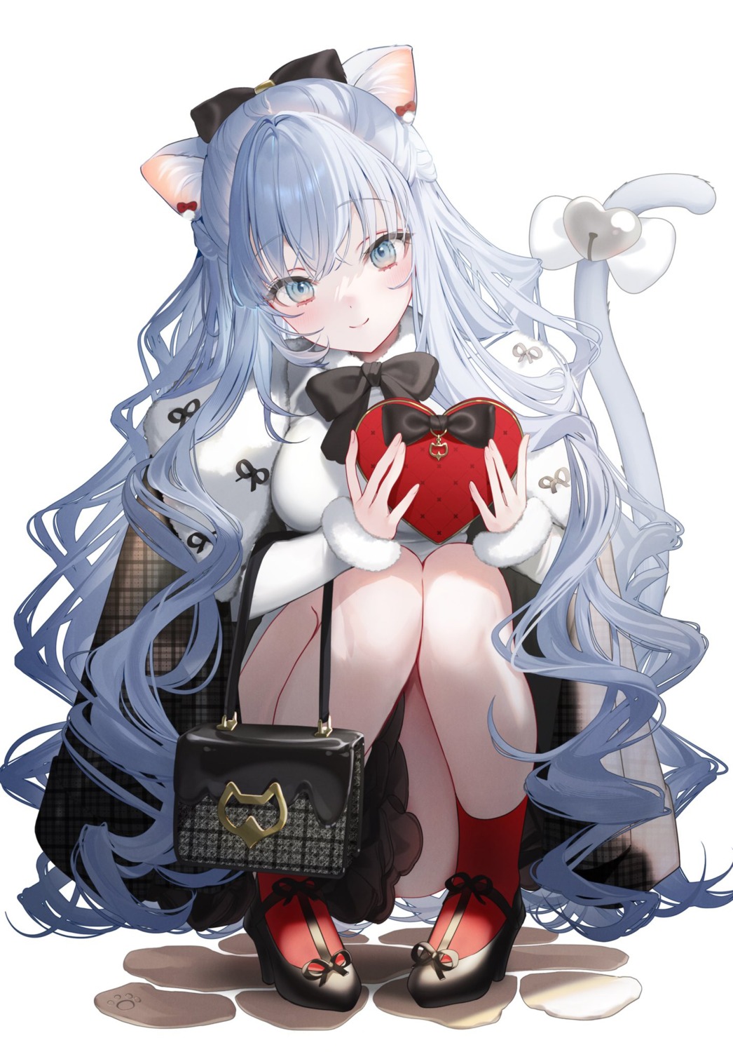 animal_ears, detexted, heels, kuma_daigorou, nekomimi, skirt_lift, tail, valentine