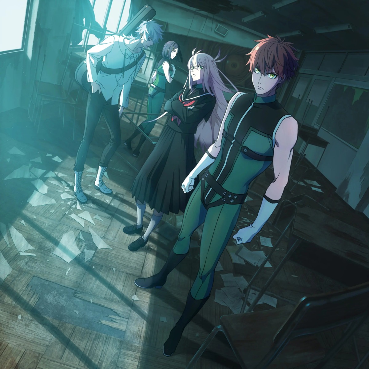 bodysuit, chidori_(sentai_daishikkaku), guitar, heterochromia, hisui_kanon, sakurama_hibiki, seifuku, sentai_daishikkaku, tagme, usukubo_angel