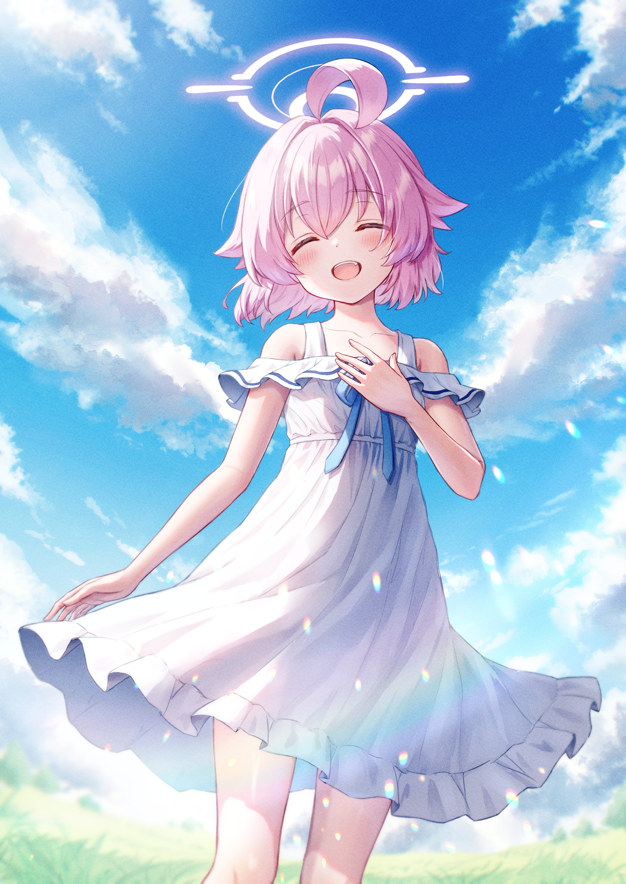 blue_archive, dress, ekura28, halo, skirt_lift, summer_dress, takanashi_hoshino