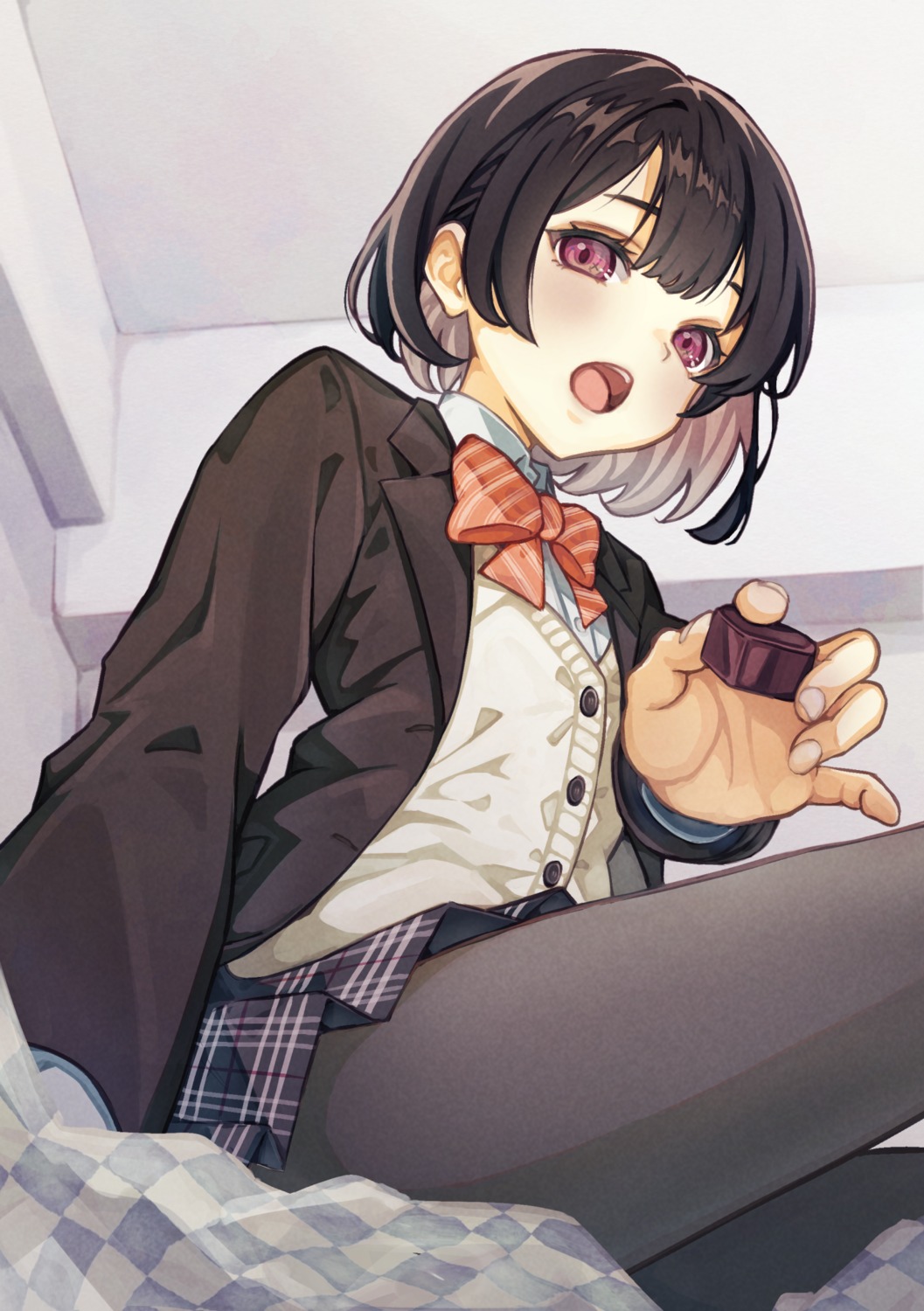 pantyhose, seifuku, skirt_lift, sweater, valentine, yuri_yone