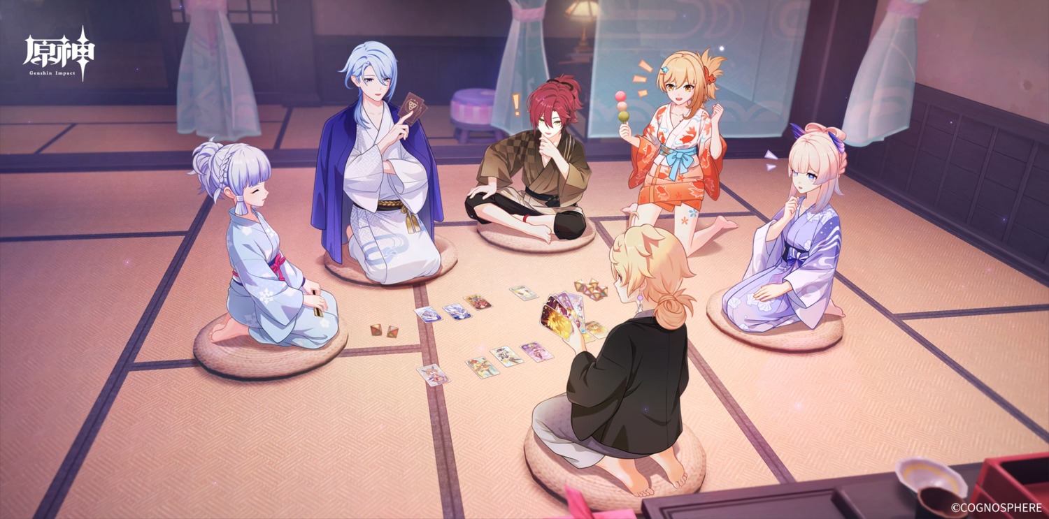aether, genshin_impact, kamisato_ayaka, kamisato_ayato, sangonomiya_kokomi, shikanoin_heizou, tagme, tattoo, yoimiya, yukata