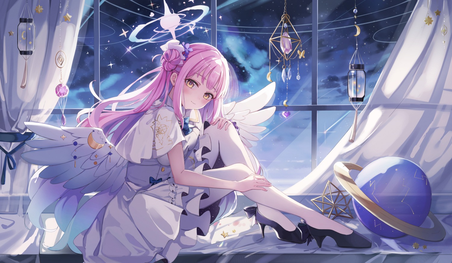 angel, blue_archive, dress, heels, miakiuehashi, misono_mika, pantyhose, skirt_lift, wings