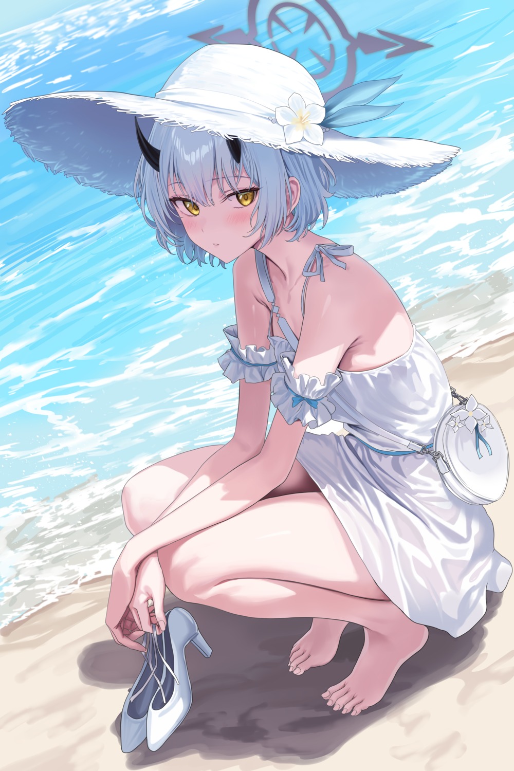 blue_archive, dress, halo, heels, hidis, himuro_sena, horns, no_bra, skirt_lift, summer_dress