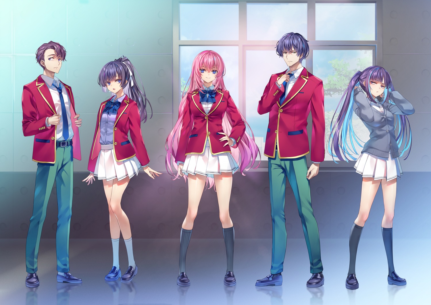 amikura_mako, himeno_yuki, ichinose_honami, kanzaki_ryuuji, seifuku, sweater, tomose_shunsaku, watanabe_norihito, youkoso_jitsuryoku_shijou_shugi_no_kyoushitsu_e