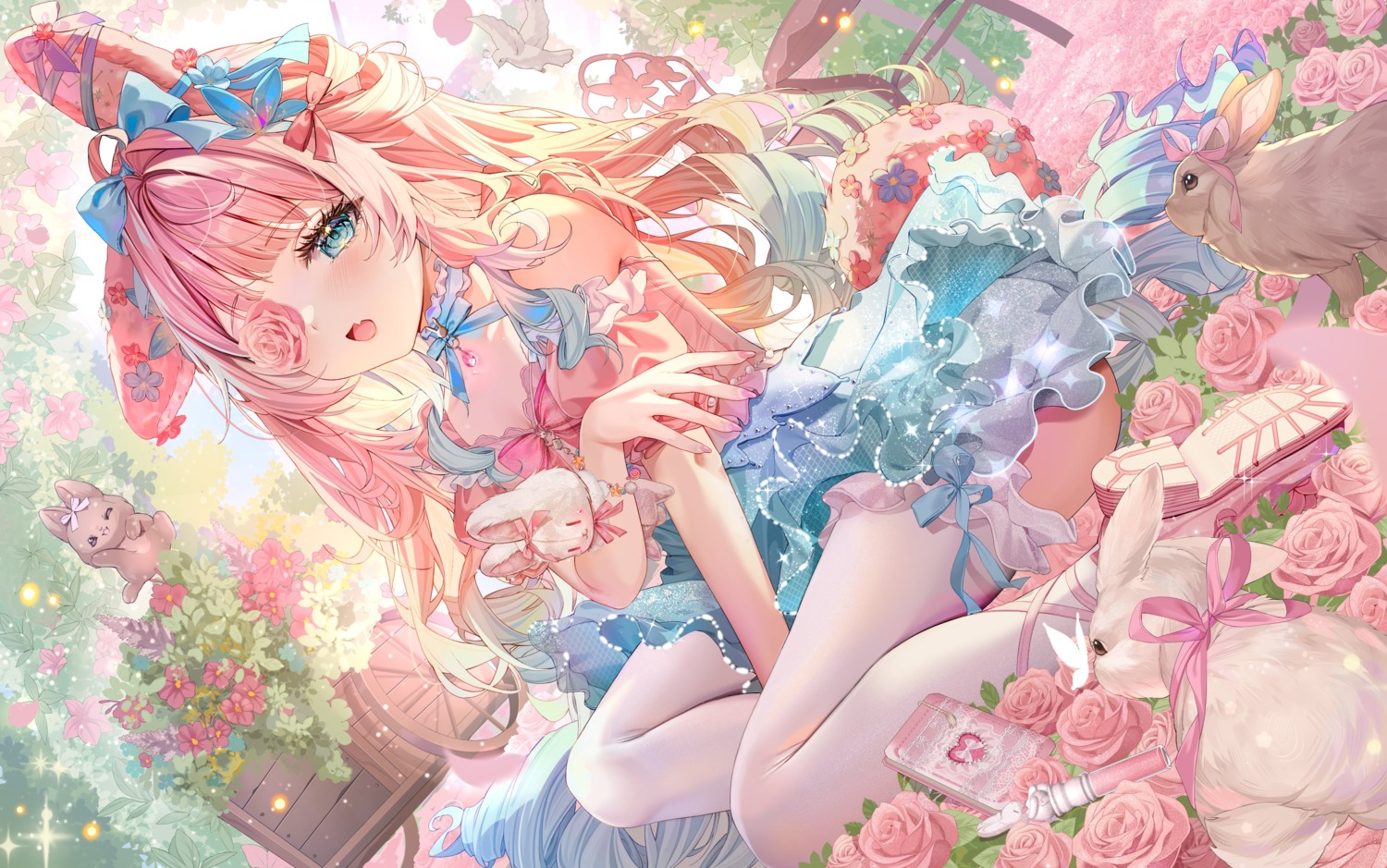 animal_ears, bunny_ears, eyepatch, indie_virtual_youtuber, isari_sensei, no_bra, see_through, skirt_lift, tail, thighhighs