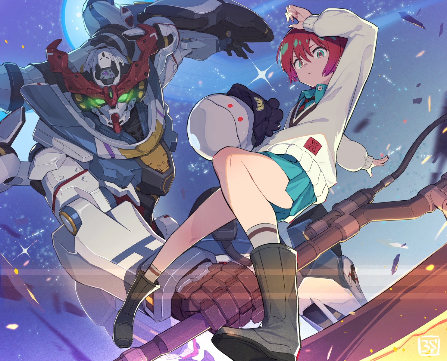 3s_(tarariko), amate_yuzuriha, gquuuuuux, gundam, gundam_gquuuuuux, mecha, seifuku, skirt_lift