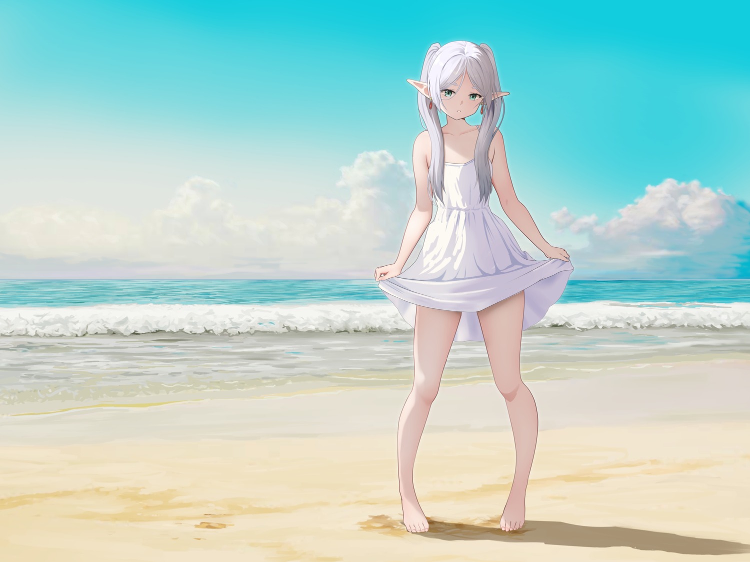 dress, elf, frieren, gibun_(sozoshu), pointy_ears, skirt_lift, sousou_no_frieren, summer_dress
